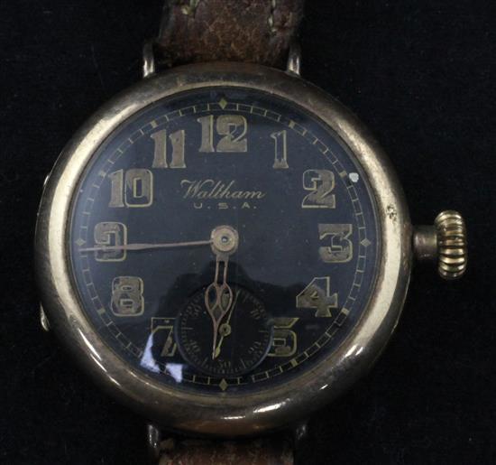 An early 20th century 9ct gold Waltham manual wind wrist watch,